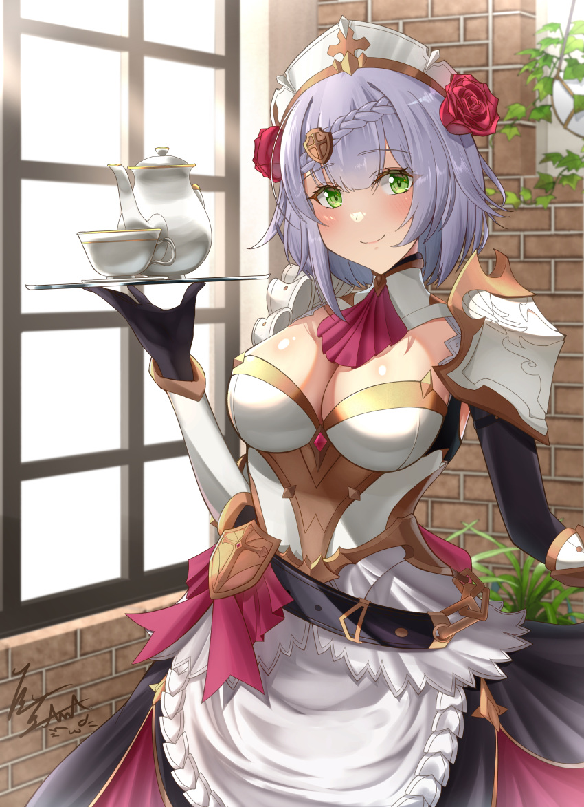 1girl absurdres armor ascot black_gloves braid breasts brick_wall cleavage closed_mouth commentary_request cup flower genshin_impact gloves green_eyes grey_hair hair_flower hair_ornament hand_up highres hiziriamane holding holding_tray indoors looking_at_viewer maid_headdress medium_breasts mixed-language_commentary noelle_(genshin_impact) red_ascot red_flower red_rose rose short_hair shoulder_armor signature smile solo teacup tray window