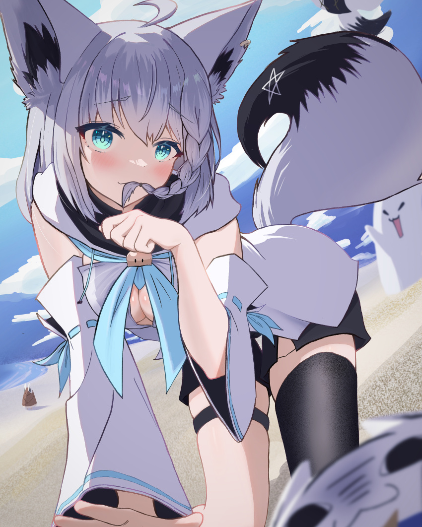 1girl absurdres ahoge all_fours animal_ear_fluff animal_ears black_shorts black_thighhighs blue_neckerchief blush braid breasts cat_day cleavage cloud cloudy_sky commentary_request detached_sleeves dutch_angle earrings english_commentary fox_ears fox_girl fox_tail fubuzilla_(shirakami_fubuki) green_eyes hair_between_eyes hair_in_own_mouth highres hololive hood hoodie jewelry long_hair looking_at_viewer medium_breasts miteiru_(shirakami_fubuki) neckerchief oruyanke_(shirakami_fubuki) paw_pose pentagram shirakami_fubuki shirakami_fubuki_(1st_costume) short_shorts shorts sidelocks single_braid single_thighhigh sky tail thigh_strap thighhighs virtual_youtuber white_hair white_hoodie yuki_waraneko