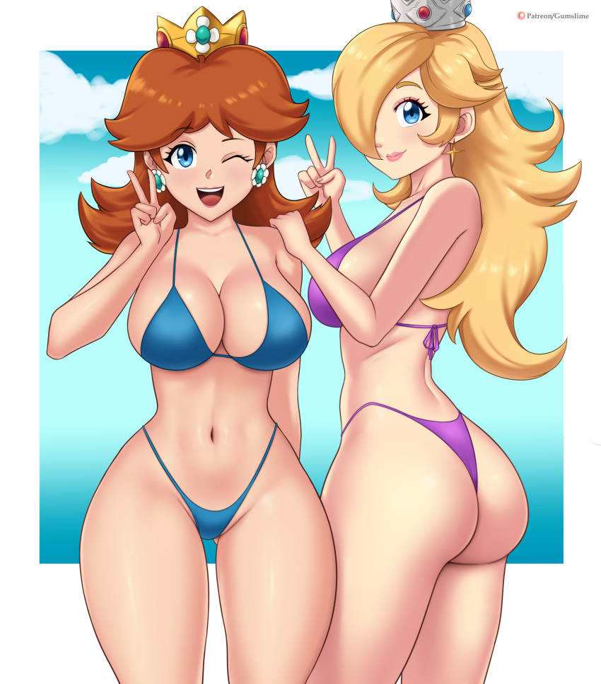 2girls ass bikini blonde_hair blue_bikini blue_eyes blue_sky breasts brown_hair cleavage cloud crown earrings flower_earrings gold_crown gummslime hair_over_one_eye highleg highleg_bikini highres jewelry large_breasts long_hair mario_(series) multiple_girls navel princess_daisy purple_bikini rosalina silver_crown sky swimsuit thong_bikini v