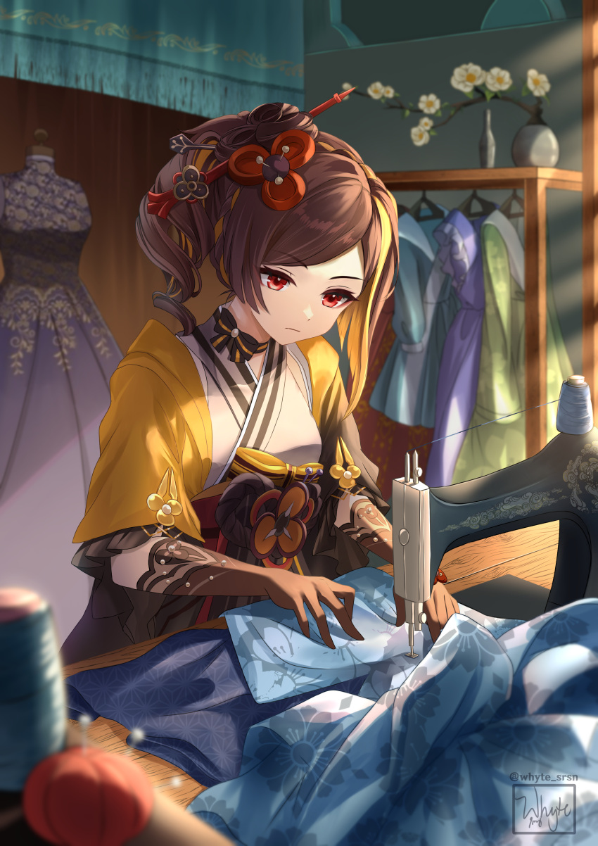 1girl absurdres asymmetrical_sidelocks brown_hair chiori_(genshin_impact) choker clothes clothes_hanger clothes_shop drill_hair drill_ponytail fabric flower flower_pot genshin_impact gloves hair_ornament hair_stick highres japanese_clothes kimono looking_down mannequin pincushion red_eyes red_sash ribbon_choker sash sewing sewing_machine short_kimono solo table thread whyte_srsn yellow_kimono