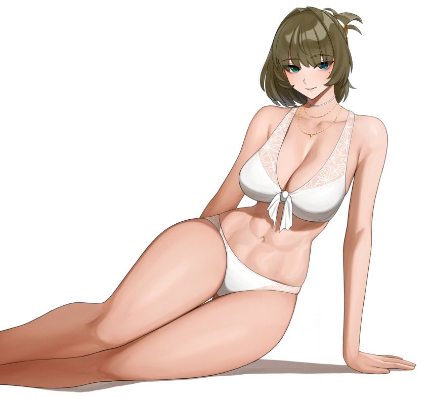 1girl abs arm_support ass_visible_through_thighs bare_legs bikini breasts cleavage collarbone feet_out_of_frame folded_ponytail green_hair heterochromia highres idolmaster idolmaster_cinderella_girls large_breasts looking_at_viewer mole mole_under_eye navel senju_(snz0) simple_background sitting smile solo stomach swimsuit takagaki_kaede thigh_gap white_background white_bikini yokozuwari