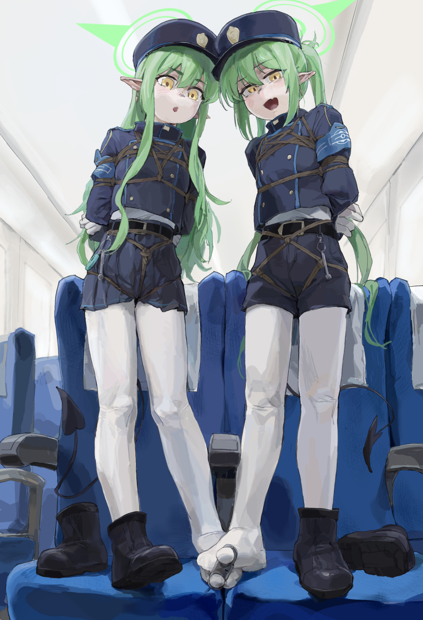 2girls a_tea bdsm blue_archive bondage bound bound_toes green_hair highlander_sidelocks_conductor_(blue_archive) highlander_twintails_conductor_(blue_archive) highres looking_at_viewer multiple_girls restrained school_uniform shibari socks thighhighs tied_up_(nonsexual) white_socks yellow_eyes