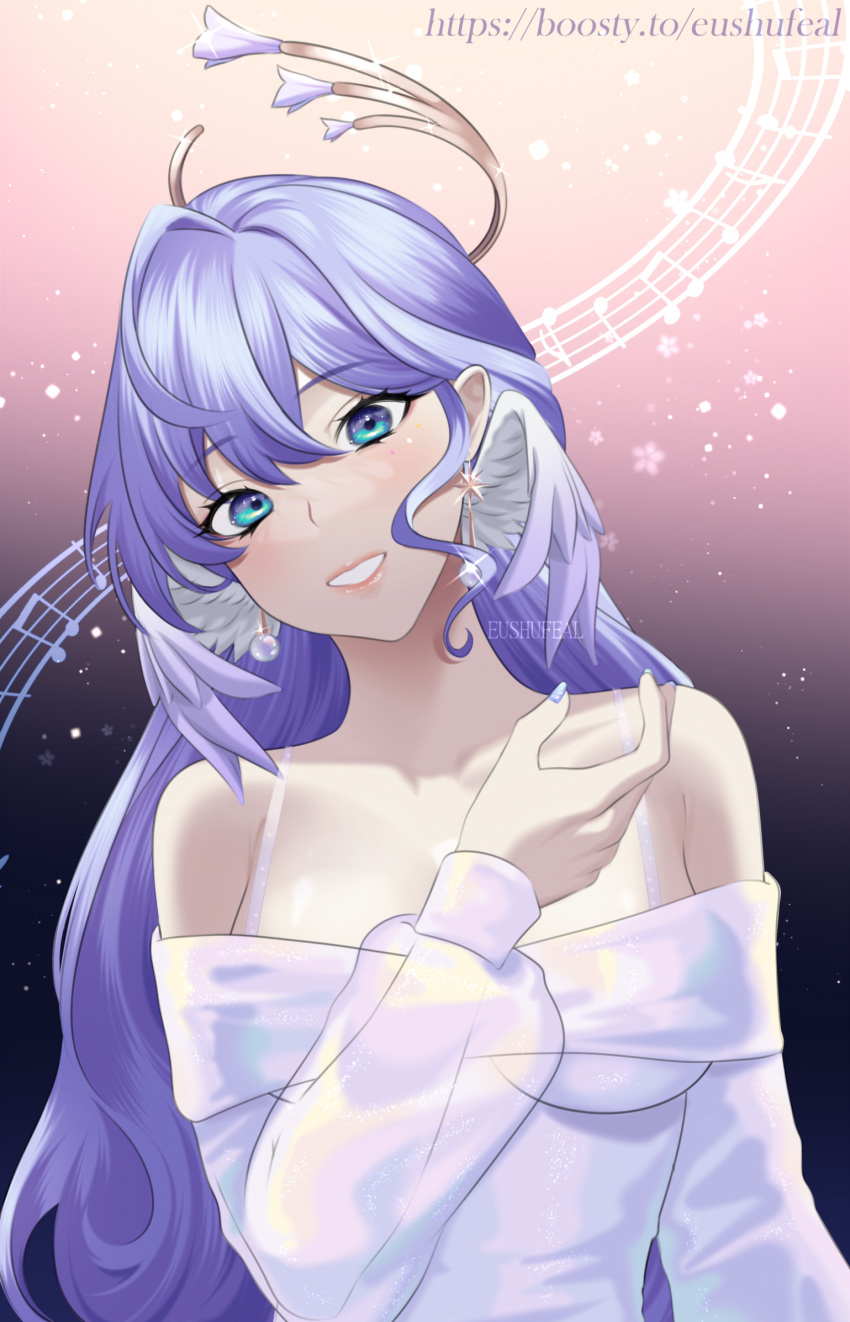 1girl alternate_costume bare_shoulders blue_dress blue_eyes bra_strap commentary dress eushufeal grin highres honkai:_star_rail honkai_(series) long_hair long_sleeves looking_at_viewer manicure musical_note off-shoulder_dress off_shoulder open_mouth purple_hair robin_(honkai:_star_rail) smile solo staff_(music) tears very_long_hair wings