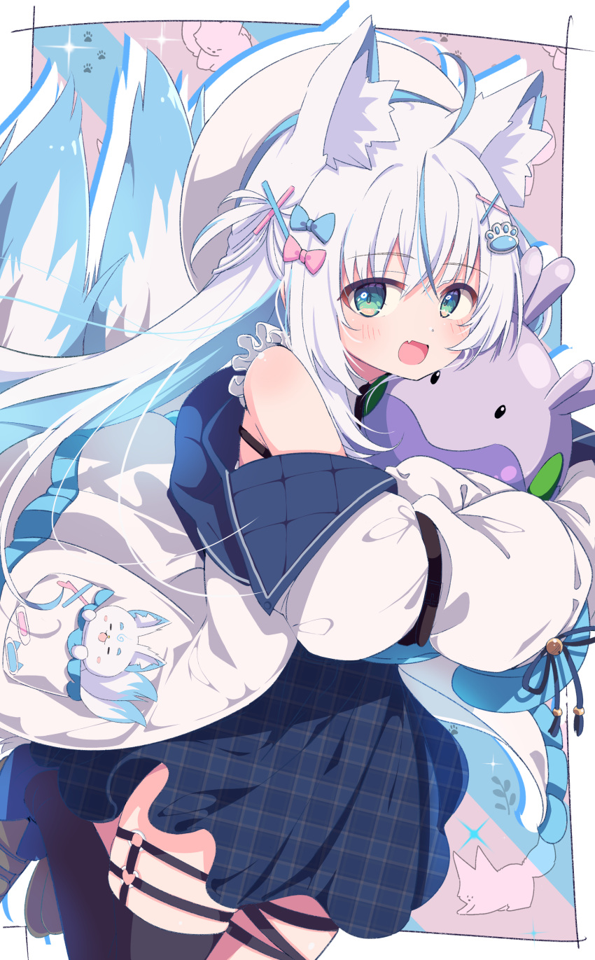 1girl absurdres ahoge animal_ear_fluff animal_ears black_thighhighs blue_hair blush bow character_request commission green_eyes hair_bow highres hugging_object long_hair multicolored_hair open_mouth shiro9jira skeb_commission skirt tail thighhighs two-tone_hair virtual_youtuber white_hair