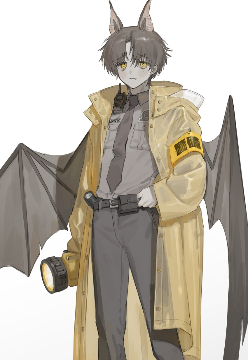 1boy animal_ears armband bat_ears bat_wings belt black_belt closed_mouth collared_coat collared_shirt fang flashlight frost_fog grey_necktie grey_pants grey_shirt hand_on_belt highres holding holding_flashlight jitome light_blush male_focus messy_hair mole mole_under_eye necktie original pants parted_bangs shirt short_hair simple_background solo standing uniform wings yellow_armband yellow_raincoat