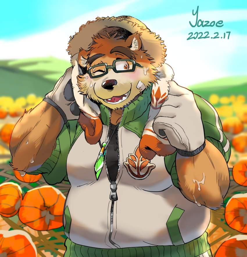 1boy bara bear_boy belly blush brown_fur cowboy_shot dated fangs fangs_out field furry furry_male glasses gloves green-framed_eyewear hat highres jacket jewelry male_focus one_eye_closed open_mouth pendant pumpkin sanpaku smile solo straw_hat sweat tareme thick_eyebrows tokyo_afterschool_summoners track_jacket volos_(housamo) yazoe