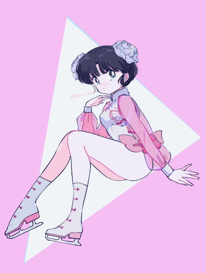 1girl absurdres blue_eyes breasts en_0410 highres ice_skates invisible_chair legs official_alternate_costume pink_background ranma_1/2 short_hair sitting skates solo tendou_akane triangle twitter_username