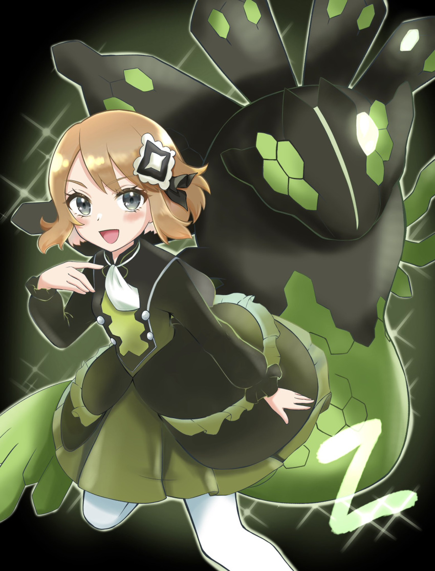 1girl :d ascot black_background black_dress black_eyes blonde_hair dress hair_ornament highres long_sleeves official_alternate_costume official_alternate_hairstyle open_mouth pantyhose pokemon pokemon_(creature) pokemon_masters_ex remon_(starharukosan) serena_(pokemon) serena_(sygna_suit)_(pokemon) short_hair smile white_ascot white_pantyhose zygarde zygarde_(50)