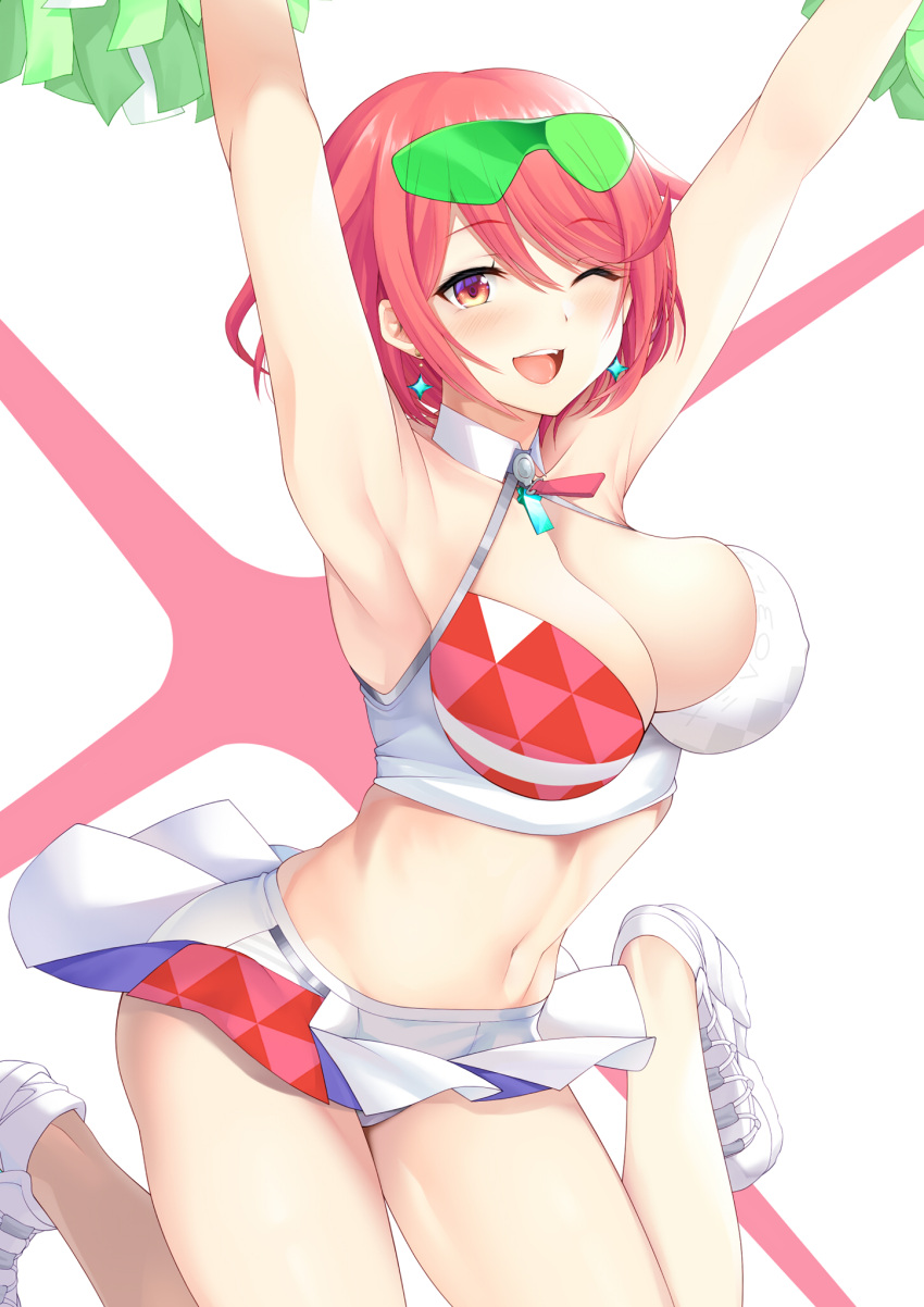 1girl armpits arms_up blush breasts cheerleader cleavage collarbone daive dangle_earrings earrings eyelashes eyewear_on_head hair_between_eyes highres jewelry jumping large_breasts medium_hair midair midriff miniskirt navel one_eye_closed pleated_skirt pom_pom_(cheerleading) pyra_(xenoblade) red_eyes red_hair shoes skirt sneakers solo stomach swept_bangs teeth thighs upper_teeth_only white_background white_footwear white_skirt xenoblade_chronicles_(series) xenoblade_chronicles_2