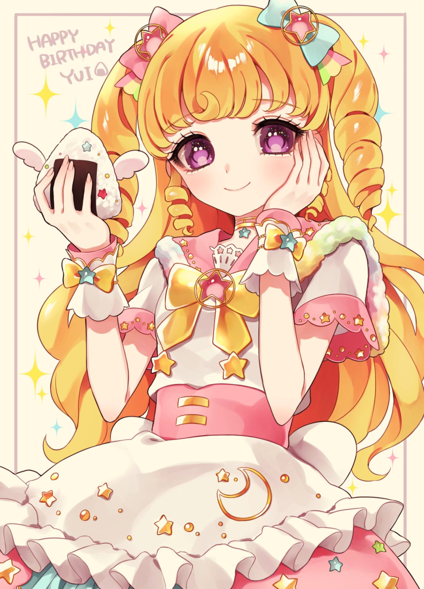 1girl ao_(ao0_0nemu) blonde_hair blue_bow bow character_name closed_mouth commentary_request cowboy_shot crescent_print dress food hair_bow hand_on_own_cheek hand_on_own_face hands_up happy_birthday highres holding holding_food idol_clothes idol_time_pripara long_hair looking_at_viewer onigiri pink_bow pink_dress pink_sailor_collar pretty_series pripara purple_eyes ringlets sailor_collar short_sleeves smile solo standing star_(symbol) two_side_up wrist_cuffs yumekawa_yui