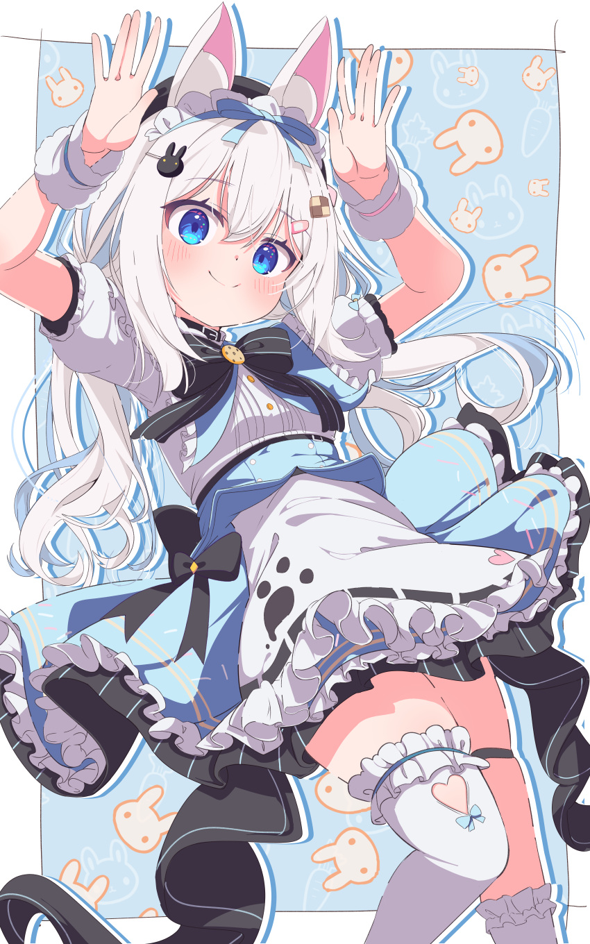 1girl absurdres animal_ears blue_eyes blue_hair blush bow commission dress hair_between_eyes hair_ornament hairclip highres long_hair looking_at_viewer original rabbit rabbit_ears shiro9jira skeb_commission skirt smile solo thighhighs white_dress white_hair white_thighhighs