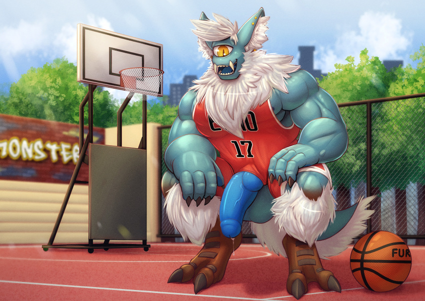 1_eye alien anthro ball balls basketball basketball_(ball) basketball_court basketball_hoop basketball_uniform big_muscles big_penis blue_body bodily_fluids claws clothed clothing crouching cyclops ear_piercing echo_(doubleecho) genital_fluids genitals graffiti hair hi_res huge_muscles huge_penis humanoid hyper hyper_genitalia hyper_muscles hyper_penis inner_ear_fluff jersey knot leg_tuft macro male muscular muscular_male neck_tuft norn_(doubleecho) open_mouth penis piercing precum primodrago public public_nudity shirt solo sportswear tank_top toe_claws topwear tuft tusks uniform unusual_anatomy wardrobe_malfunction white_hair yellow_eyes