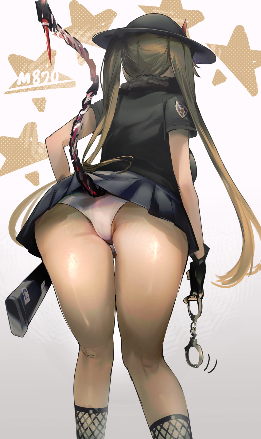 1girl absurdres amirun ass black_gloves black_headwear black_legwear black_shirt black_skirt blonde_hair character_name commentary cowboy_shot cuffs english_commentary fingerless_gloves fishnet_legwear fishnets from_behind from_below fur_collar girls_frontline gloves gradient gradient_background grey_background gun handcuffs hat highres holding holding_gun holding_handcuffs holding_weapon legs long_hair m870_(girls_frontline) mechanical_tail miniskirt panties pleated_skirt rifle shirt short_sleeves simple_background skirt solo star_(symbol) tail thighs twintails underwear upskirt weapon white_background white_panties