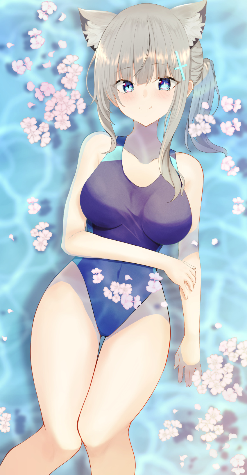 1girl absurdres animal_ear_fluff animal_ears black_one-piece_swimsuit blue_archive blue_eyes breasts competition_swimsuit covered_navel cross_hair_ornament extra_ears feet_out_of_frame flower grey_hair hair_ornament halo highres jun_(jun_illustration_aim) low_ponytail lying medium_breasts medium_hair mismatched_pupils multicolored_clothes multicolored_swimsuit official_alternate_costume one-piece_swimsuit partially_submerged shiroko_(blue_archive) shiroko_(swimsuit)_(blue_archive) smile solo swimsuit wolf_ears