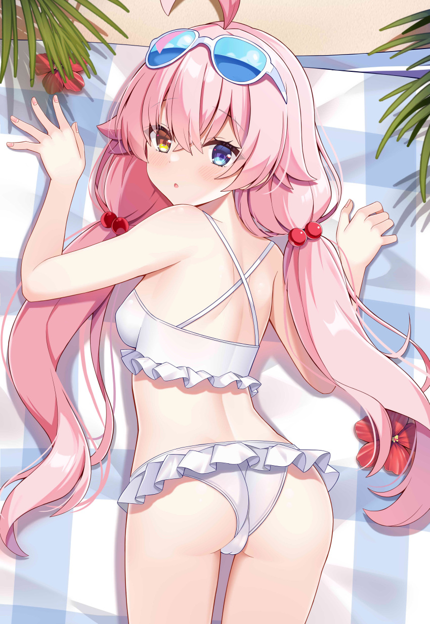 1girl absurdres ahoge ass back blue_archive blue_eyes blush eyewear_on_head fengshen_chino flower hair_between_eyes heterochromia highres hoshino_(blue_archive) long_hair pink_hair sand solo sunglasses swimsuit very_long_hair yellow_eyes