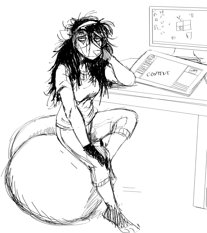 2021 accessory anthro barefoot black_and_white clothed clothing computer desk didelphid drawing_tablet english_text exercise_ball eyewear female furniture glasses hair hair_accessory hi_res hladilnik looking_at_viewer mammal marsupial marylin_(hladilnik) messy_hair monochrome sitting solo tablet tablet_pen text