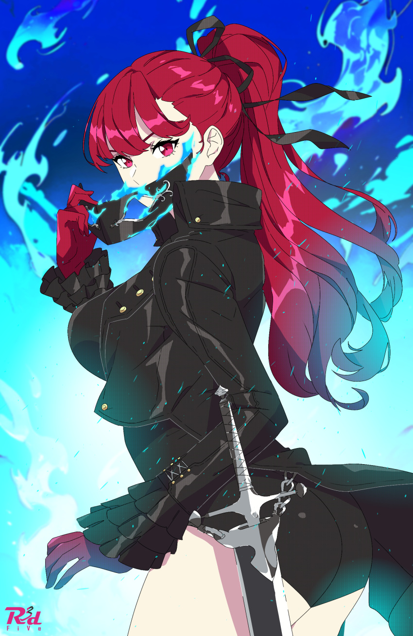 1girl absurdres ass black_jacket blue_fire breasts fire frilled_sleeves frills gloves hair_ribbon highres jacket long_hair long_sleeves looking_at_viewer persona persona_5 persona_5_the_royal ponytail r3dfive red_eyes red_gloves red_hair ribbon solo thighhighs yoshizawa_kasumi