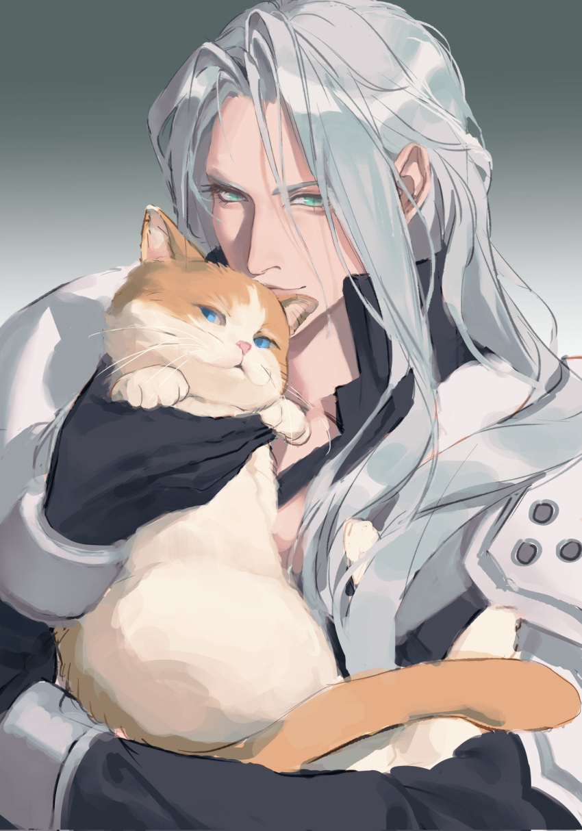 1boy animal armor black_coat black_gloves blue_eyes cat chest_strap cluck_gugu coat eyelashes final_fantasy final_fantasy_vii gloves green_eyes grey_hair high_collar highres holding holding_animal holding_cat light_smile long_bangs long_hair long_sleeves male_focus parted_bangs pauldrons sephiroth shoulder_armor slit_pupils upper_body