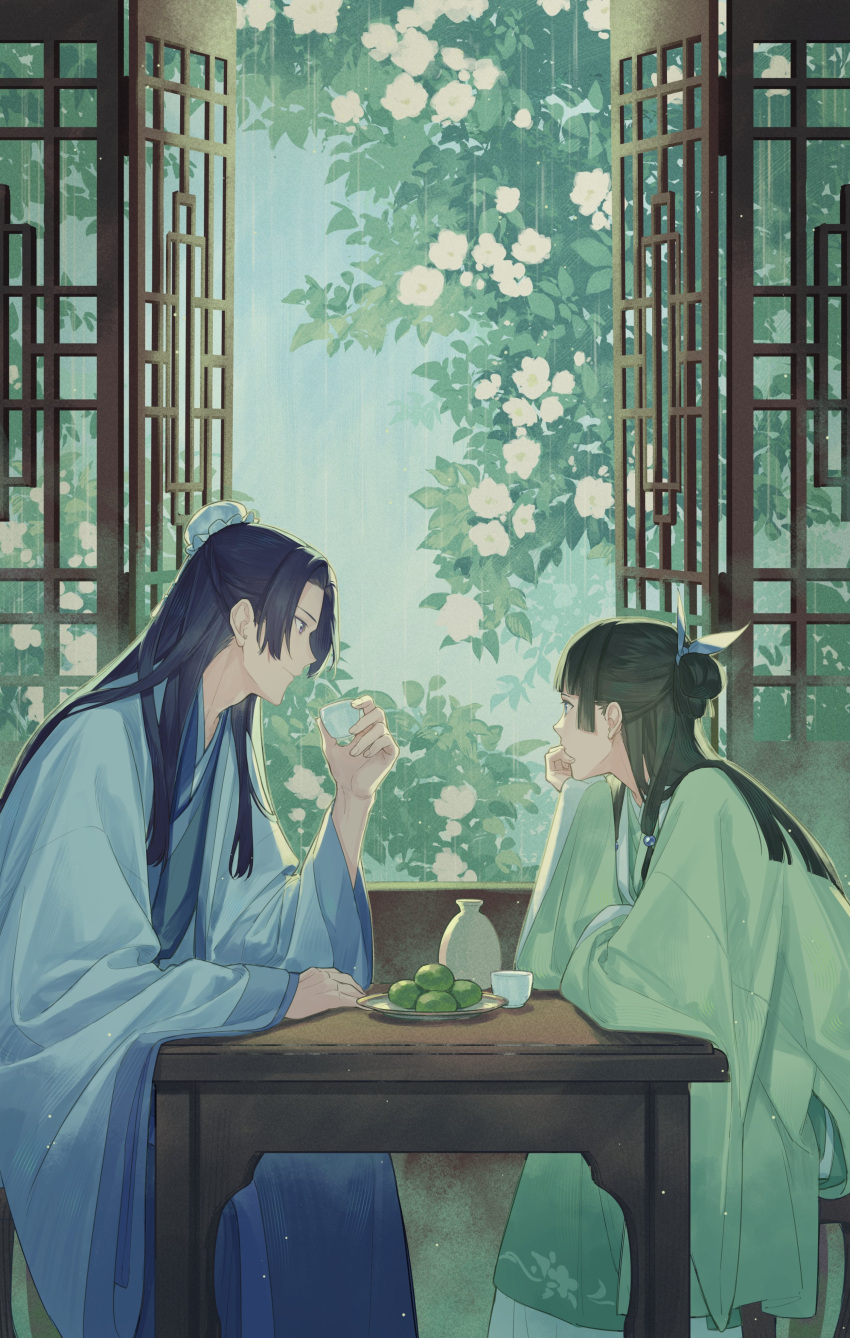 1boy 1girl absurdres architecture blue_eyes blue_hair blue_jacket blue_robe blunt_bangs bun_cover chinese_clothes cup day east_asian_architecture elbow_on_table feet_out_of_frame flower food from_side green_robe hair_bun hair_ribbon half_updo hanfu head_rest highres holding holding_cup indoors jacket jinshi_(kusuriya_no_hitorigoto) kusuriya_no_hitorigoto lattice long_hair long_sleeves looking_at_another looking_outside looking_to_the_side maomao_(kusuriya_no_hitorigoto) open_window parted_bangs plate purple_eyes rain ribbon robe sidelocks single_hair_bun sitting sleeves_past_wrists stool sweets table tsubsa_syaoin wide_sleeves window wooden_table