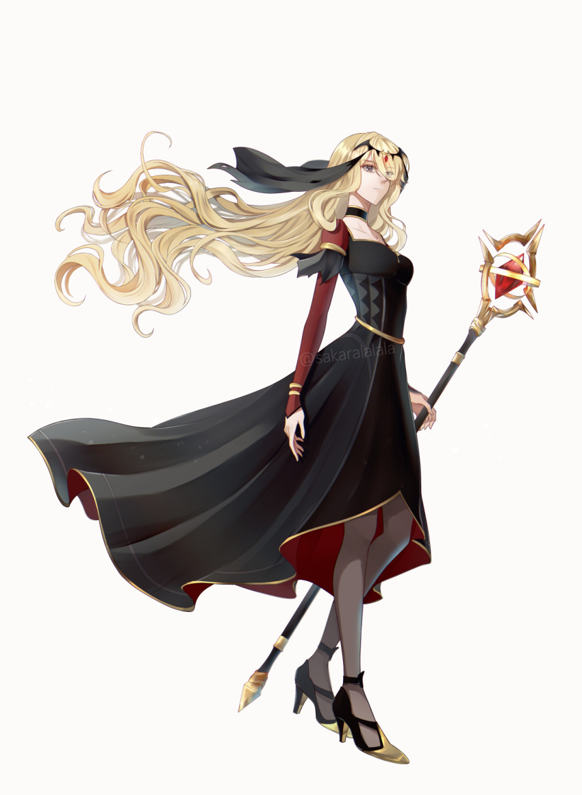 1girl black_dress blonde_hair closed_mouth commentary_request cynthia_(pokemon) cynthia_(sygna_suit)_(renegade)_(pokemon) dress full_body gold_trim high_heels highres holding holding_scepter long_hair pantyhose pokemon pokemon_masters_ex red_dress sakaralalala scepter simple_background solo standing two-sided_dress two-sided_fabric two-tone_dress wavy_hair white_background