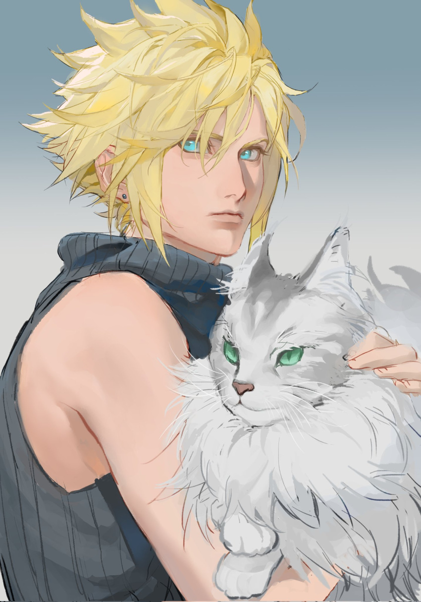 1boy animal blonde_hair blue_eyes cat closed_mouth cloud_strife cluck_gugu earrings final_fantasy final_fantasy_vii gradient_background green_eyes highres holding holding_animal holding_cat jewelry male_focus shirt short_hair single_earring sleeveless sleeveless_turtleneck spiked_hair turtleneck white_cat white_fur