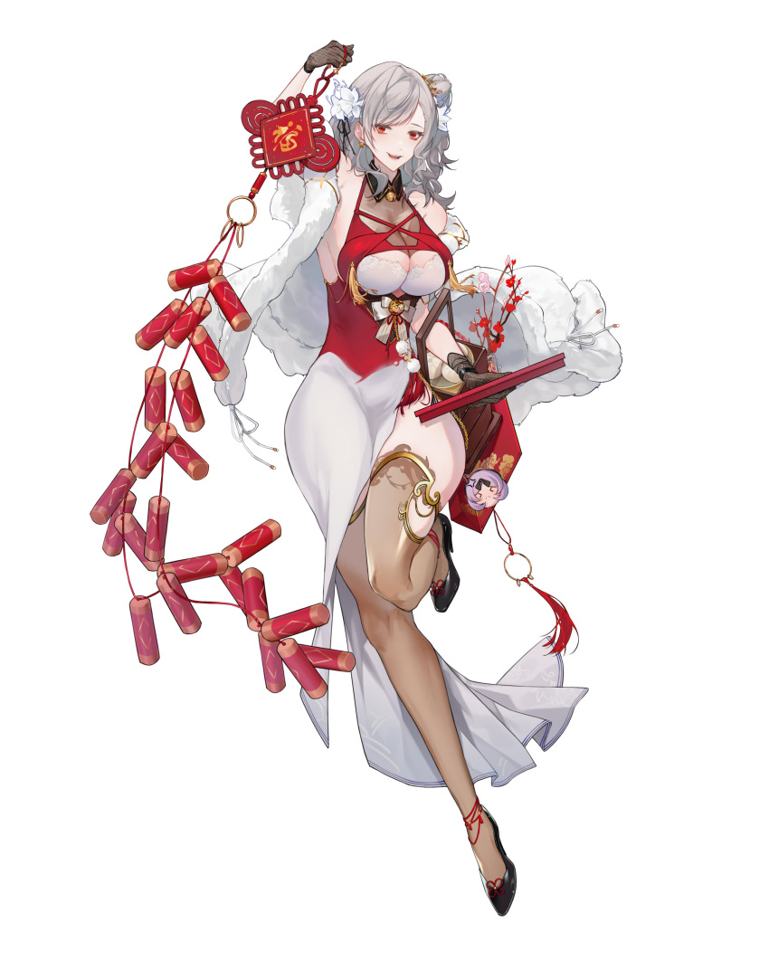 &gt;_&lt; 1girl absurdres anger_vein black_footwear breasts china_dress chinese_clothes cleavage dress english_commentary firecrackers flower girls'_frontline grey_hair hair_flower hair_ornament high_heels highres holding official_alternate_costume open_mouth red_eyes shinyuxo simple_background smile solo spas-12_(girls'_frontline) spas-15_(girls'_frontline) teeth thighhighs upper_teeth_only white_background