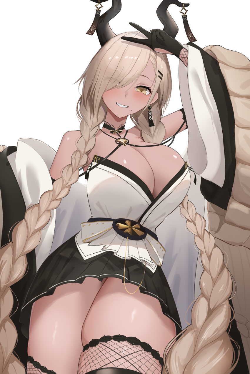 1girl absurdres azur_lane bare_shoulders black_horns black_skirt black_thighhighs blonde_hair braid breasts brown_horns cleavage commentary_request cowboy_shot earrings eyes_visible_through_hair fishnet_gloves fishnet_thighhighs fishnets gloves hair_ornament hair_over_one_eye hairclip highres horn_ornament horns jewelry large_horns long_hair long_sleeves looking_at_viewer low_twin_braids miniskirt mole mole_under_mouth owari_(azur_lane) pleated_skirt rk_(cc15915r) simple_background skirt smile solo thighhighs twin_braids v very_long_hair white_background yellow_eyes