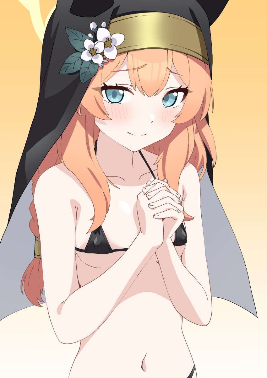 1girl absurdres bikini black_bikini blue_archive blue_eyes blush breasts closed_mouth coif flower gradient_background halo hat hat_flower highres interlocked_fingers long_hair looking_at_viewer mari_(blue_archive) navel nun oinari_(koheihei1109) orange_hair own_hands_together small_breasts smile solo swimsuit upper_body white_background yellow_background yellow_halo