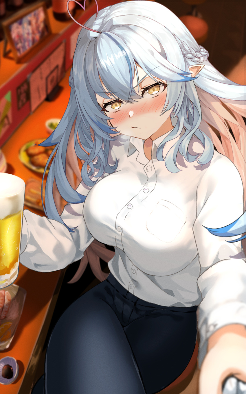 1girl ahoge alternate_costume beer_mug blue_hair blurry blurry_background blush breasts crossed_legs cup drunk heart heart_ahoge highres hololive large_breasts long_hair mug pointy_ears restaurant shirt takotobuta virtual_youtuber white_shirt yellow_eyes yukihana_lamy