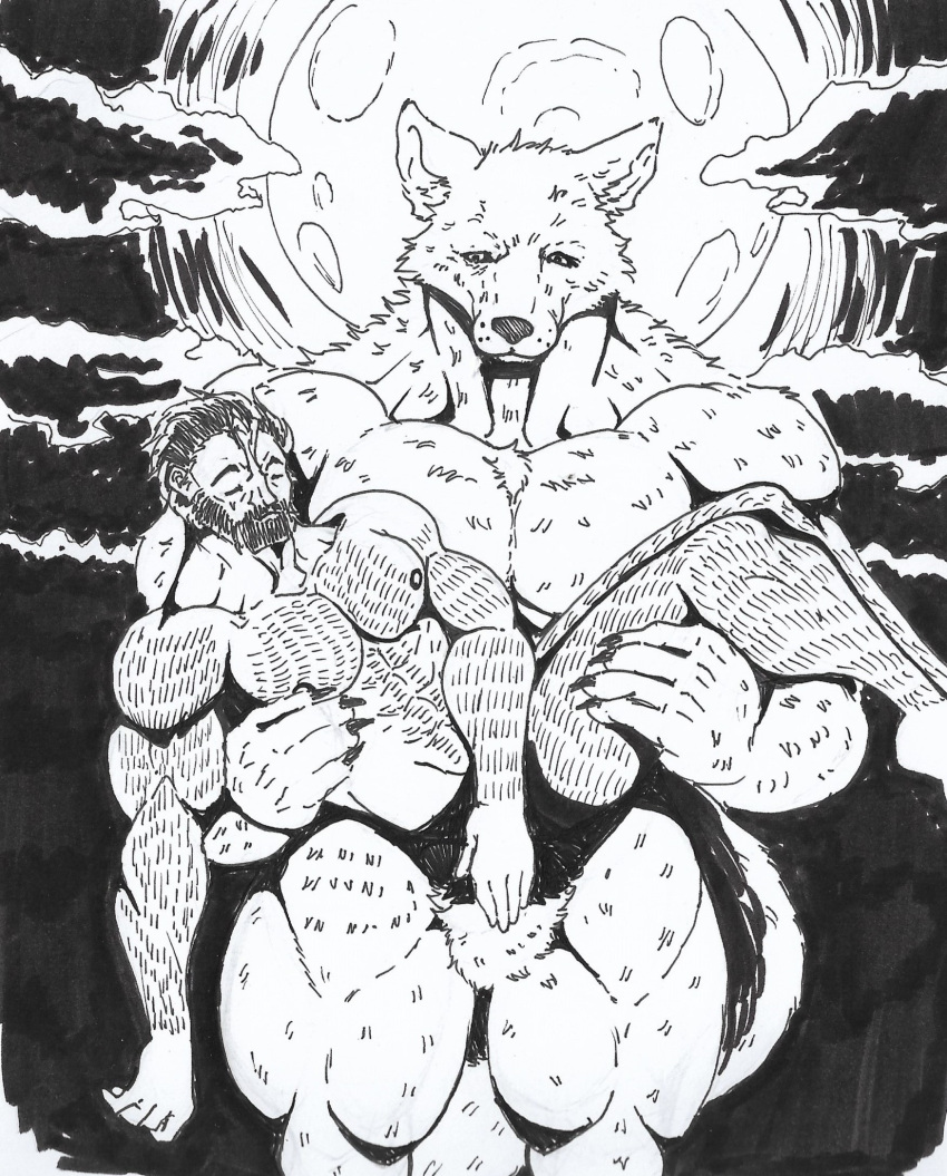 anthro arm_hair barazoku beard body_hair canid canine chest_hair claws duo eye_contact facial_hair hi_res holding_partner human looking_at_another male male/male mammal monochrome moon muscular muscular_anthro muscular_male mythological_canine mythological_creature mythology nipples pinumontbalou sleeping story story_in_description traditional_media_(artwork) were werecanid werecanine werewolf