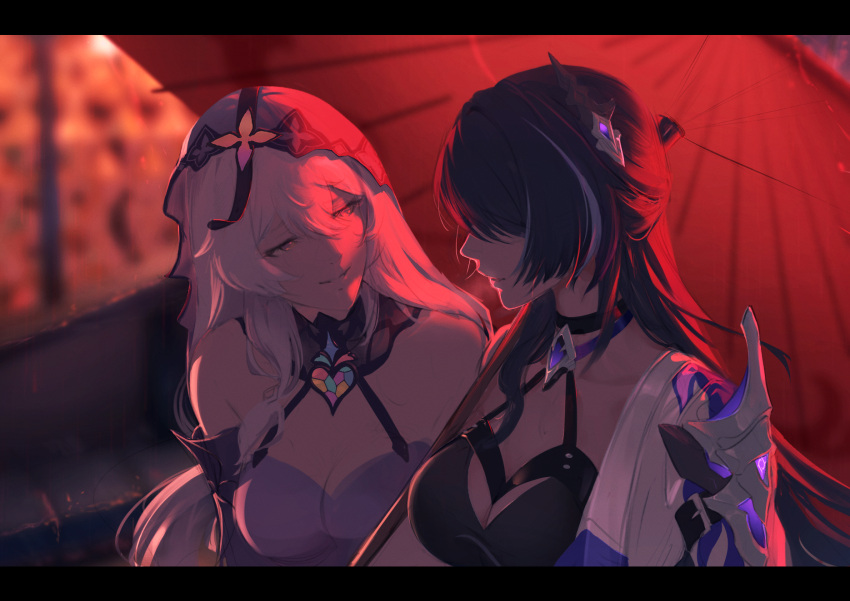 2girls acheron_(honkai:_star_rail) bare_shoulders black_choker black_gloves black_swan_(honkai:_star_rail) blurry blurry_background breasts choker cleavage coat dress elbow_gloves gloves hair_over_one_eye hair_spread_out highres holding honkai:_star_rail honkai_(series) ker0nit0 large_breasts long_hair looking_at_another multicolored_hair multiple_girls oil-paper_umbrella purple_dress purple_gloves purple_hair purple_veil red_umbrella single_bare_shoulder sleeveless sleeveless_dress smile streaked_hair umbrella upper_body veil very_long_hair white_coat yuri