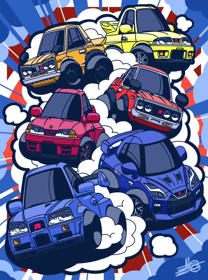 absurdres blue_car car chibi choro-q highres motor_vehicle muscle_car nissan nissan_gt-r nissan_skyline nissan_skyline_c10 nissan_skyline_c110 nissan_skyline_gt-r nissan_skyline_r32 nissan_skyline_r33 nissan_skyline_r34 no_humans orange_car red_car satosio smoke sports_car vehicle_focus yellow_car