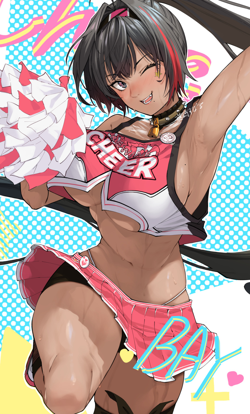 1girl ;d arm_up armpits bare_shoulders bay_(nikke) black_collar black_hair black_hairband black_socks blue_eyes blush breasts cheerleader clothes_writing collar commentary_request cowboy_shot crop_top crop_top_overhang dark-skinned_female dark_skin fujisaki_subaru goddess_of_victory:_nikke hair_between_eyes hair_intakes hairband high_ponytail highleg highleg_panties highres kneehighs large_breasts lock long_hair miniskirt mole mole_on_breast mole_under_mouth multicolored_hair navel no_bra one_eye_closed open_mouth padlock padlocked_collar panties pleated_skirt pom_pom_(cheerleading) red_hair red_shirt shirt shorts shorts_under_skirt sidelocks signature skirt sleeveless sleeveless_shirt smile socks solo spiked_collar spikes standing standing_on_one_leg star_(symbol) star_in_eye star_sticker stomach sweat symbol_in_eye thigh_strap underboob underwear white_panties