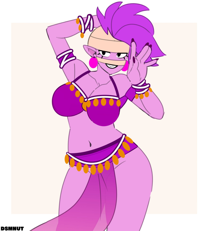 bandage bandage_on_face bandaged_head belly_dancer_outfit bra brawl_stars clothing dancing dsmnup ear_piercing emz_(brawl_stars) female hair hi_res humanoid humanoid_pointy_ears looking_at_viewer navel piercing purple_body purple_hair signature solo supercell_(company) undead underwear zombie