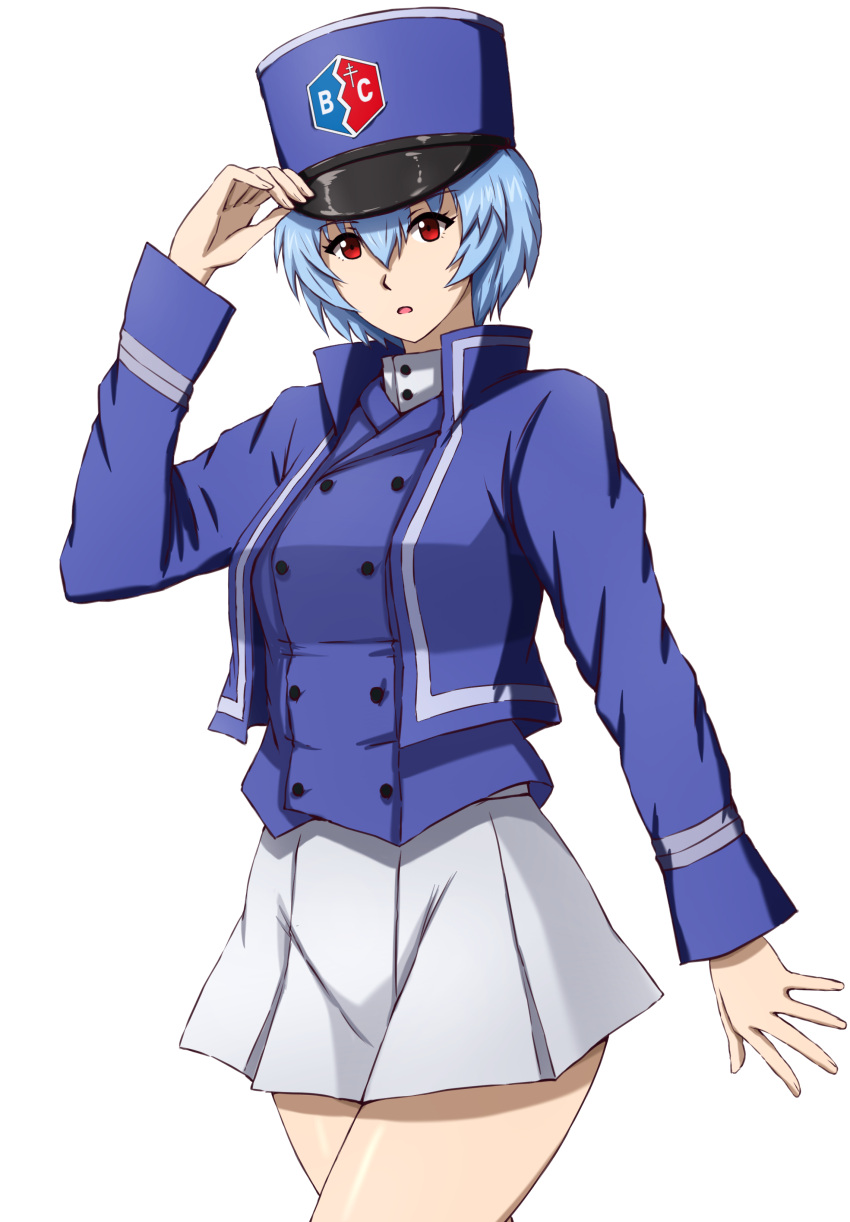 1girl absurdres adjusting_clothes adjusting_headwear alternate_costume ayanami_rei bc_freedom_(emblem) bc_freedom_military_uniform blue_hair blue_hat blue_jacket blue_vest commentary cowboy_shot dress_shirt emblem girls_und_panzer hat high_collar highres jacket kepi long_sleeves looking_at_viewer military_hat military_uniform miniskirt neon_genesis_evangelion omachi_(slabco) open_mouth pleated_skirt red_eyes shirt short_hair simple_background skirt solo standing uniform vest white_background white_shirt white_skirt