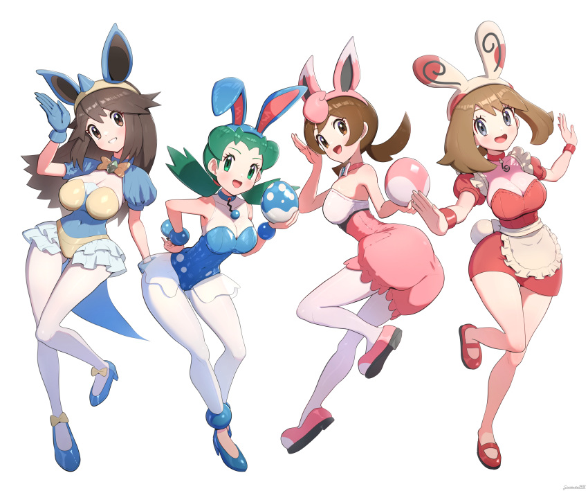 4girls absurdres alternate_costume animal_ear_headwear animal_ears apron azumarill azumarill_(cosplay) bare_shoulders blue_gloves blue_leotard breasts brown_eyes brown_hair choker cleavage collarbone commentary_request contrapposto cosplay covered_collarbone covered_navel cowboy_shot cropped_legs egg fake_animal_ears fake_tail frills full_body gloves gonzarez green_eyes green_hair grey_eyes hairband highres holding holding_egg horns kris_(pokemon) large_breasts leaf_(pokemon) leotard long_hair long_sleeves looking_at_viewer low_neckline lyra_(pokemon) maid may_(pokemon) medium_breasts multiple_girls nidoqueen nidoqueen_(cosplay) open_mouth outstretched_arms pantyhose playboy_bunny pokemon pokemon_egg pokemon_frlg pokemon_gsc pokemon_hgss pokemon_rse puffy_short_sleeves puffy_sleeves short_sleeves simple_background single_horn solo spiked_hairband spikes spinda spinda_(cosplay) strapless strapless_leotard tail thigh_gap waist_apron white_background white_leotard white_pantyhose wide_hips wigglytuff wigglytuff_(cosplay) wristband