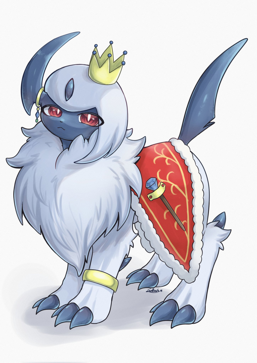 absol animal_focus anklet bright_pupils claws closed_mouth clothed_pokemon coat commentary crown english_commentary forehead_jewel fur-trimmed_coat fur_trim highres horns jewelry no_humans pokemon pokemon_(creature) red_coat red_eyes simple_background single_horn soruva_359 tail wand white_background white_fur white_pupils