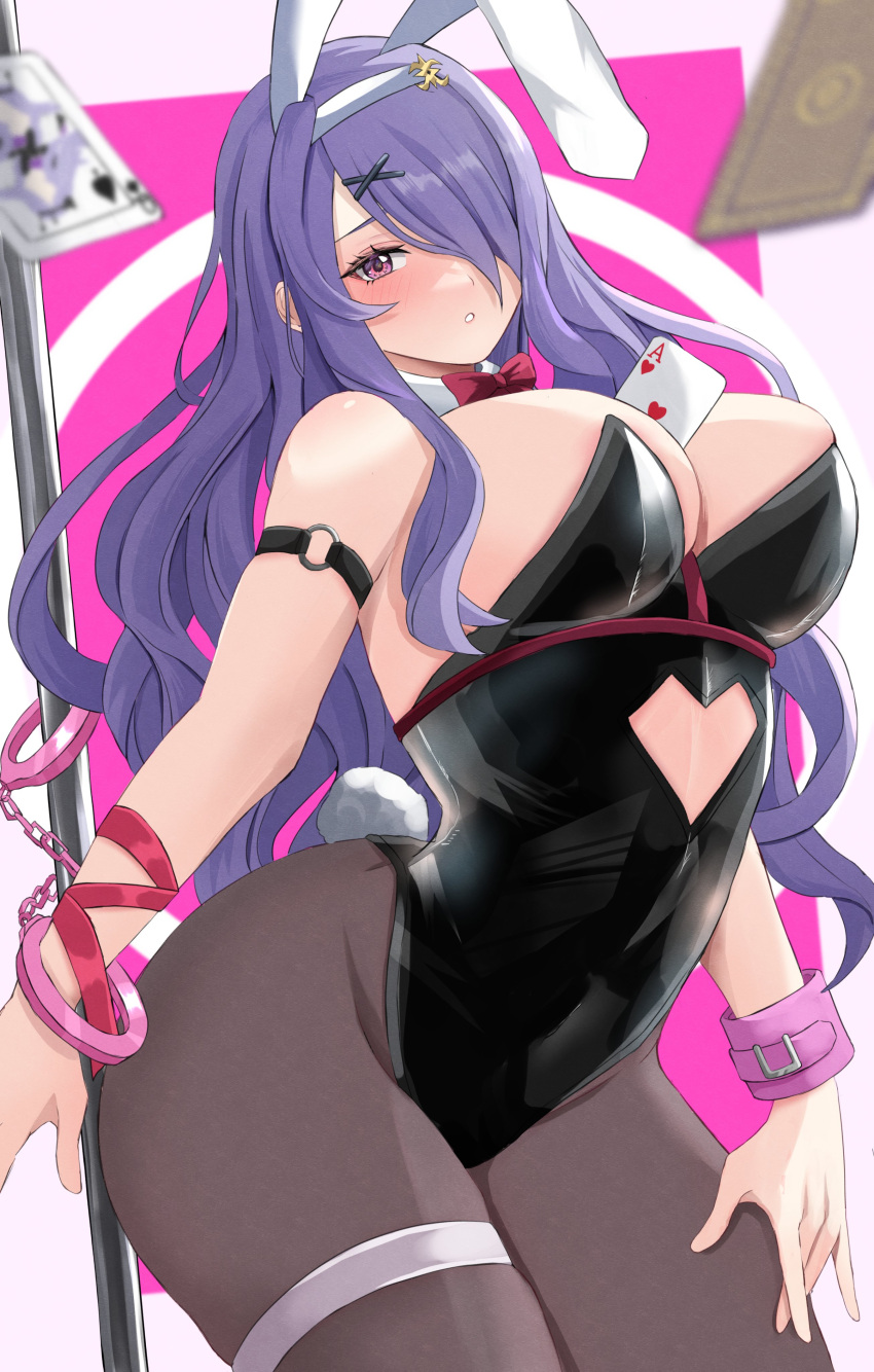 1girl absurdres animal_ears blush breasts camilla_(fire_emblem) card fire_emblem fire_emblem_fates highres large_breasts leotard looking_at_viewer necktie pantyhose peli_cantaro playboy_bunny purple_eyes purple_hair rabbit_ears rabbit_tail tail