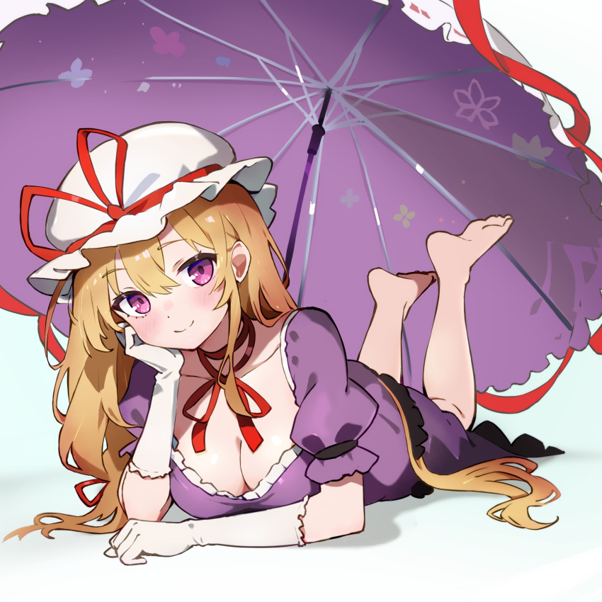 1girl barefoot blonde_hair breasts chikuzen1996 choker cleavage collarbone commentary_request dress frilled_dress frills gloves hand_on_own_cheek hand_on_own_face hat hat_ribbon highres leg_up long_hair lying medium_breasts mob_cap on_stomach puffy_short_sleeves puffy_sleeves purple_dress purple_eyes purple_umbrella red_ribbon ribbon ribbon_choker short_sleeves simple_background solo stomach the_pose touhou umbrella very_long_hair white_background white_gloves white_hat white_umbrella yakumo_yukari