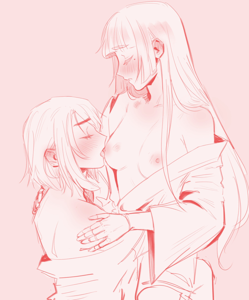 286456006 2girls absurdres blush closed_eyes from_side genshin_impact highres kamisato_ayaka kujou_sara licking licking_nipple long_hair long_sleeves mole mole_under_eye monochrome multiple_girls nipple_stimulation parted_lips pink_background pink_theme simple_background sketch torogao wide_sleeves yuri