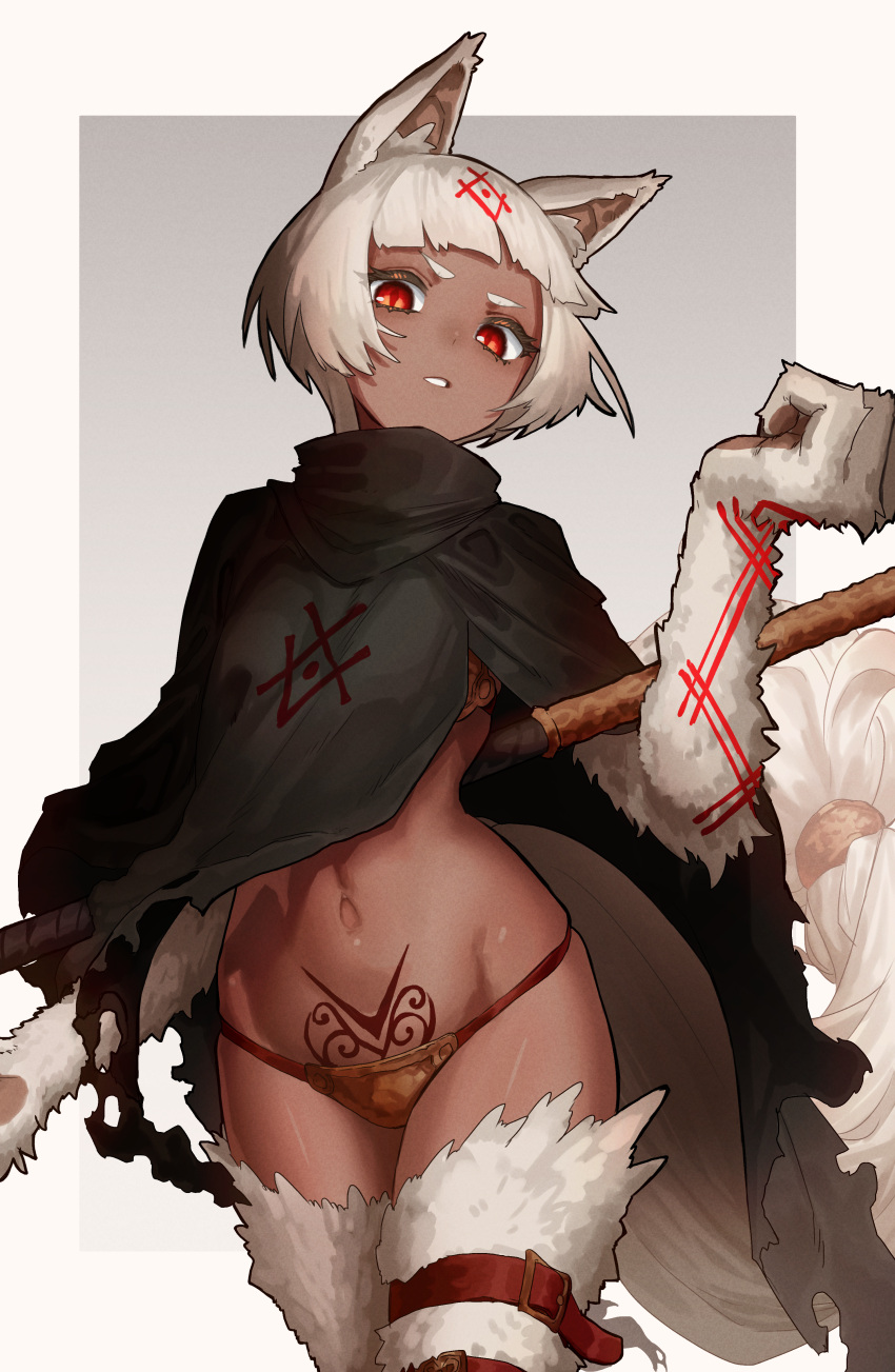 1girl absurdres animal_ear_fluff animal_ears animal_hands belt blunt_bangs body_markings brown_panties cape cloak cowboy_shot dark-skinned_female dark_skin ekrea_jan facial_mark grey_background hand_up highres looking_at_viewer navel original panties parted_lips pubic_tattoo red_belt red_eyes short_hair simple_background solo staff stomach tail tattoo thigh_belt thigh_strap thighs torn_cloak torn_clothes two-tone_background underwear white_background white_fur white_hair