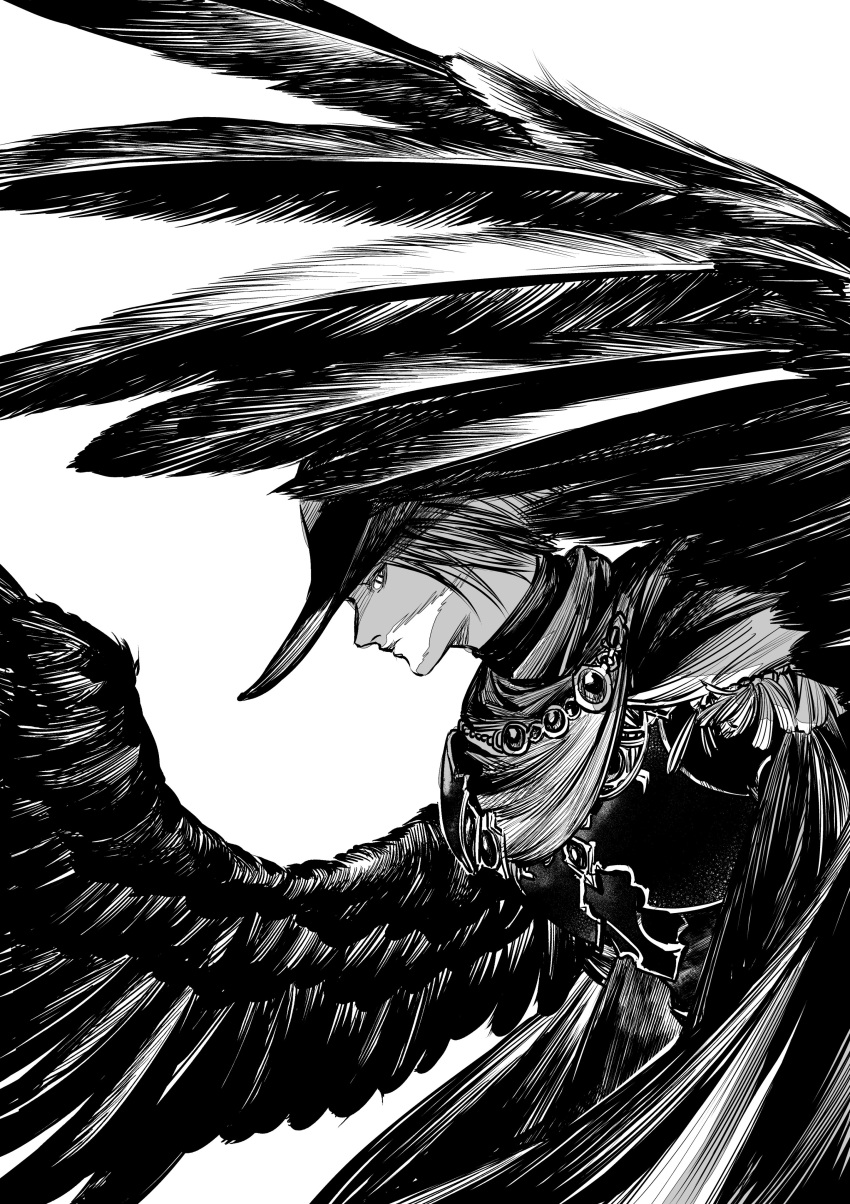 1boy absurdres armor brooch check_copyright cloak copyright_request feathered_wings from_side greyscale hat highres jewelry korean_commentary looking_at_viewer male_focus monochrome original profile short_hair sia_2dductility sideways_glance simple_background solo spread_wings wings