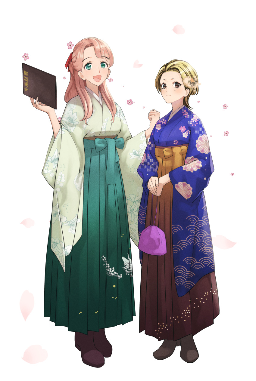 2girls absurdres blonde_hair boots brown_eyes character_request cherry_blossoms copyright_request full_body green_eyes hakama hakama_skirt highres japanese_clothes kimono long_hair looking_at_viewer meiji_schoolgirl_uniform multiple_girls nagashii_kouhei open_mouth pink_hair short_hair simple_background skirt smile white_background