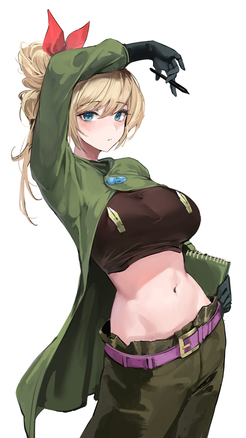 1girl :/ absurdres arm_up belt black_gloves blonde_hair blue_eyes blush breasts closed_mouth commentary contrapposto cosplay cowboy_shot crop_top diamond_wa_kudakenai english_commentary gloves green_jacket green_pants hair_between_eyes hair_ribbon highres holding holding_stylus jacket jojo_no_kimyou_na_bouken kishibe_rohan kishibe_rohan_(cosplay) large_breasts lillly lillly_(character) long_hair long_sleeves looking_at_viewer midriff navel original pants purple_belt red_ribbon ribbon simple_background sketchbook solo split_mouth standing stylus white_background