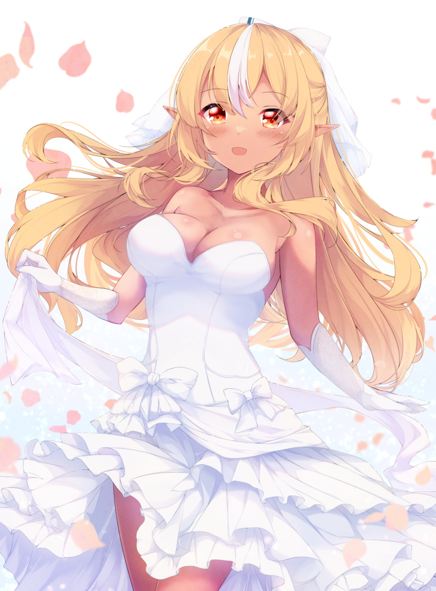 1girl absurdres blonde_hair blush breasts cleavage commentary_request dark-skinned_female dark_skin dress elbow_gloves elf floating_hair fuuna gloves hair_between_eyes highres hololive large_breasts layered_dress long_hair multicolored_hair petals pleated_dress pointy_ears red_eyes shiranui_flare simple_background solo strapless strapless_dress streaked_hair veil very_long_hair wedding_dress white_background white_gloves white_hair