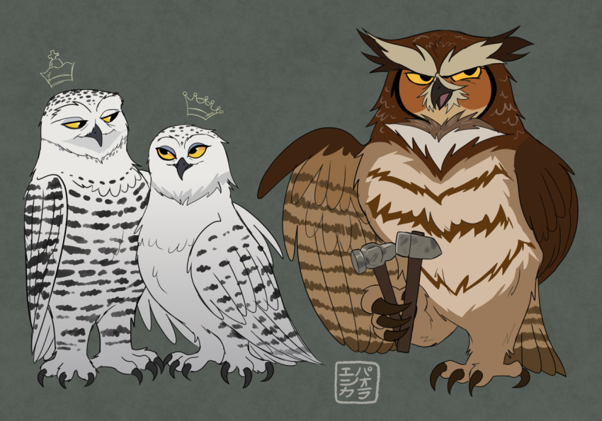 avian barran beak bird black_beak boron_(gogh) brown_body brown_feathers bubo_(gogh) crown feathers feet female feral group guardians_of_ga'hoole hammer headgear horned_owl kabuki-aku male owl simple_background snowy_owl talons toes tools trio true_owl white_body white_feathers yellow_eyes