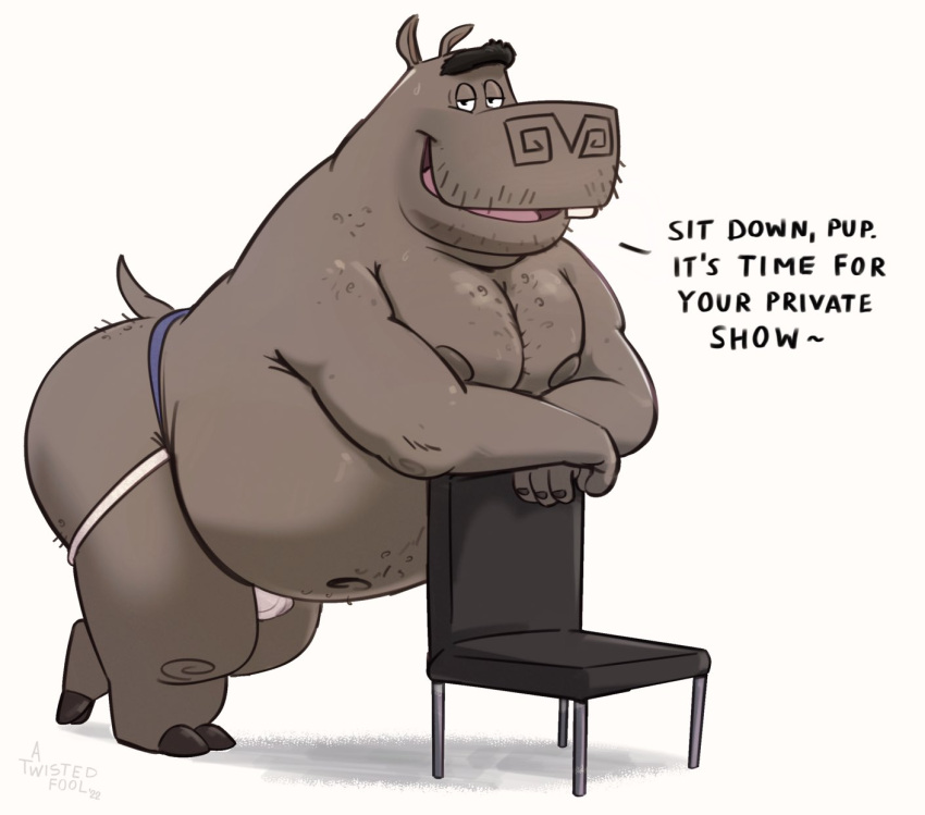 anthro arm_support bearafterall bedroom_eyes belly belly_hair belly_overhang big_belly body_hair chair chest_hair clothed clothing common_hippopotamus dialogue dreamworks english_text eyebrows facial_hair furniture grey_body grey_skin hi_res hippopotamid jockstrap jockstrap_only leaning leaning_forward leaning_on_elbow leaning_on_object looking_at_viewer madagascar_(series) male mammal moobs mostly_nude moto_moto narrowed_eyes navel nipples open_mouth open_smile seductive signature smile solo talking_to_viewer teeth text thick_thighs topless underwear underwear_only unibrow