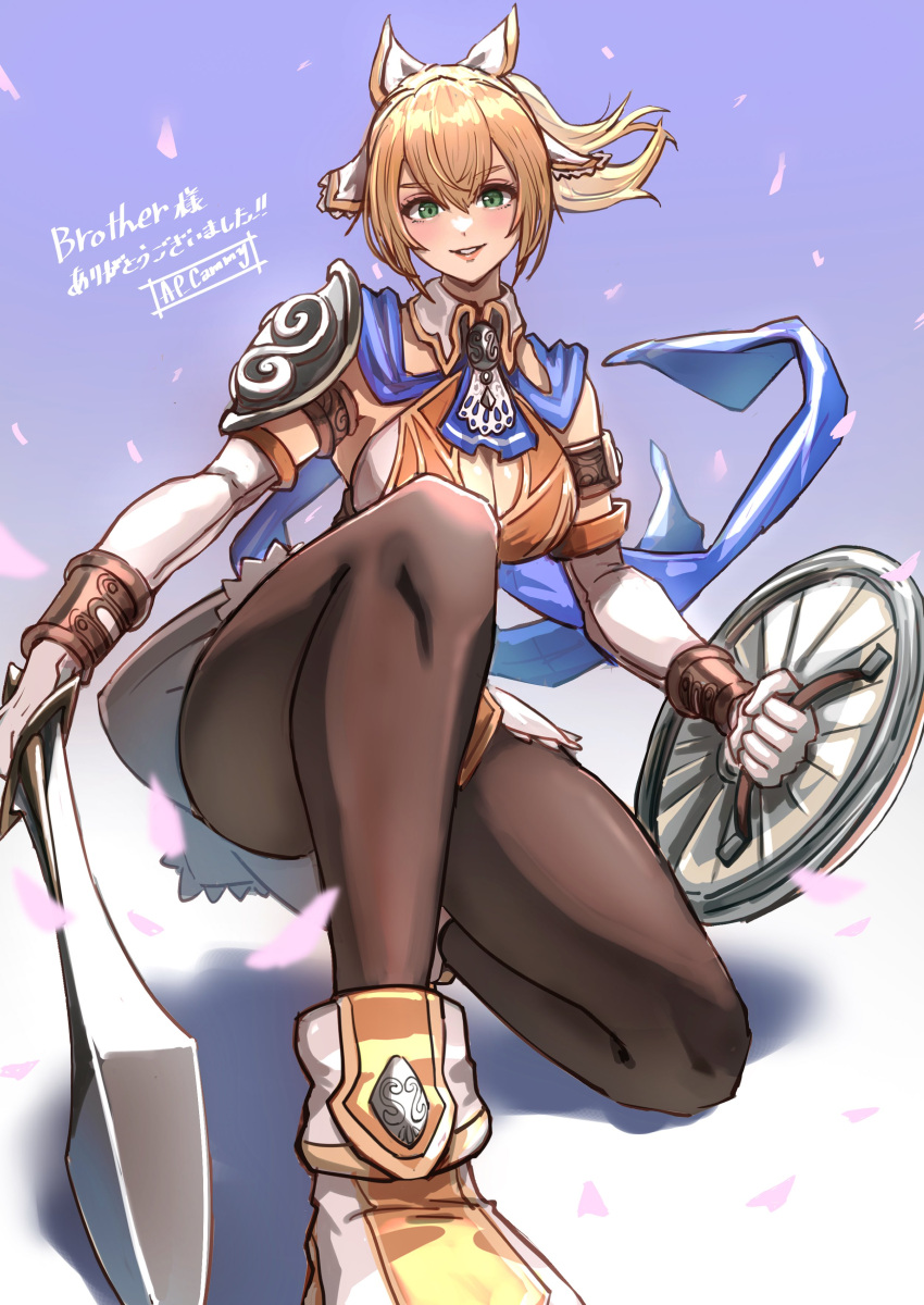 1girl absurdres ap_cammy blonde_hair blue_scarf breasts brown_pantyhose cassandra_alexandra cleavage convenient_leg elbow_gloves gloves green_eyes hair_ribbon highres kneeling pantyhose ponytail ribbon scarf shield shoes short_sword shoulder_pads solo soulcalibur soulcalibur_vi sword weapon white_gloves