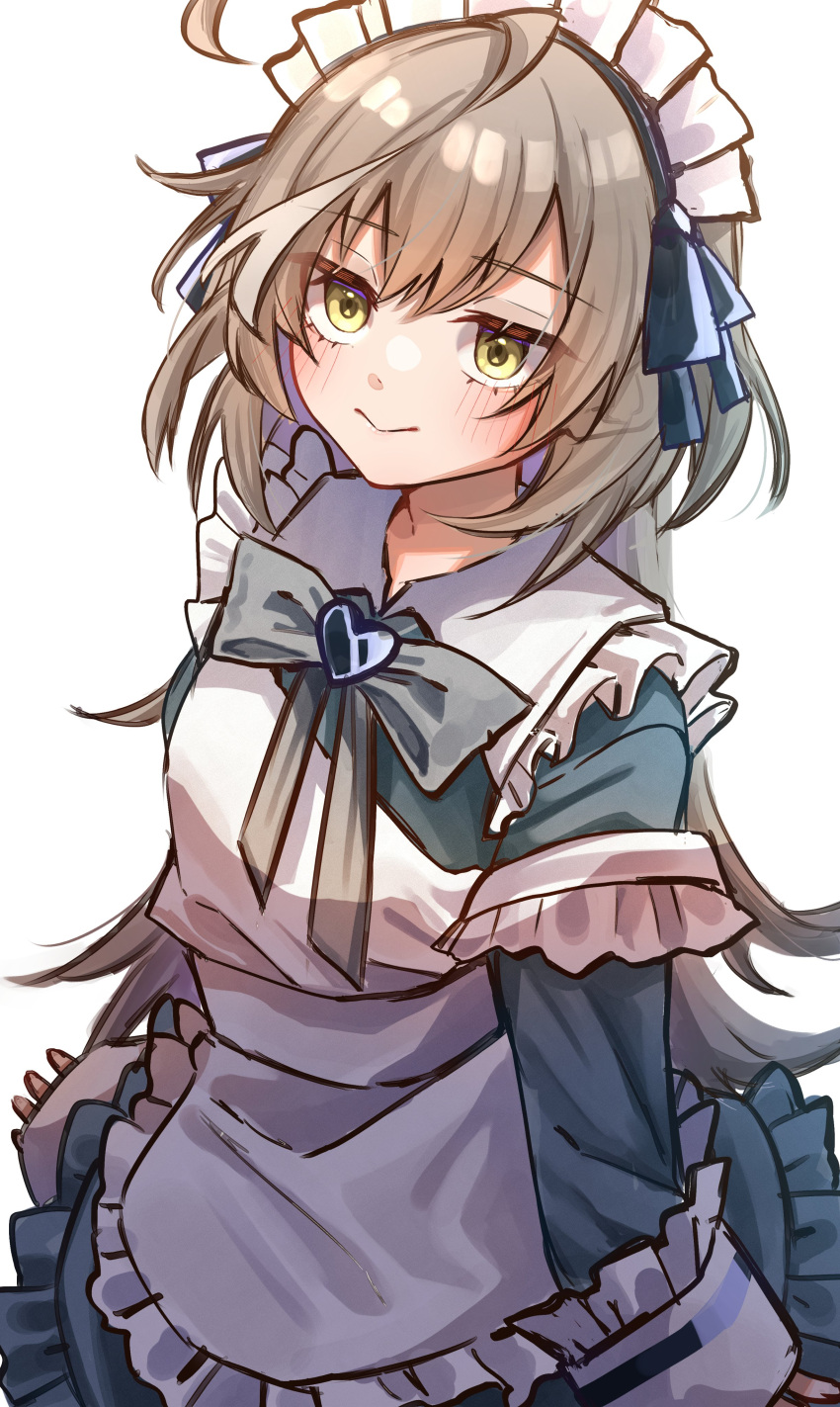 1girl absurdres ahoge apron arms_at_sides assault_lily blue_ribbon blush bow bowtie closed_mouth commentary cowboy_shot dress frilled_apron frilled_dress frilled_sleeves frills grey_bow grey_bowtie grey_dress grey_hair hair_ribbon highres long_hair long_sleeves looking_ahead maid maid_headdress multicolored_hair official_alternate_costume ribbon sasaki_ran simple_background sleeves_past_fingers sleeves_past_wrists solo standing streaked_hair very_long_hair white_apron white_background yellow_eyes yozakurayuyu