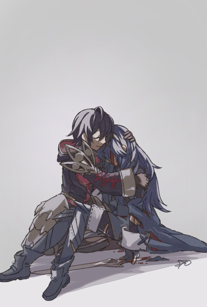 2girls bad_end batoson54 black_hair blood blue_hair corpse death eyes_of_grima falchion_(fire_emblem) fire_emblem fire_emblem_awakening highres hug lucina_(fire_emblem) morgan_(female)_(devoted_darkness)_(fire_emblem) morgan_(female)_(fire_emblem) morgan_(fire_emblem) multiple_girls murder torn_clothes